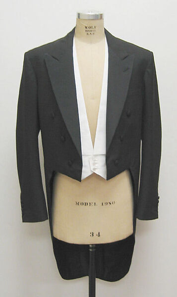 Tuxedo, Anderson &amp; Sheppard (British, founded 1906), a) wool, silk; b) cotton, faux abalone; c) wool, silk, cotton, plastic, British