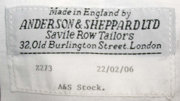 Tuxedo, Anderson &amp; Sheppard (British, founded 1906), a) wool, silk; b) cotton, faux abalone; c) wool, silk, cotton, plastic, British