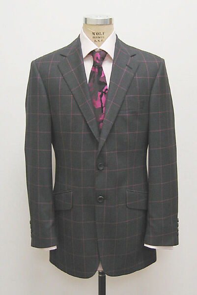 Suit, Richard James, a) wool, silk, plastic; b) wool, cotton, plastic; c) cotton, plastic; d) silk; e-h) acrylic, metal, British 