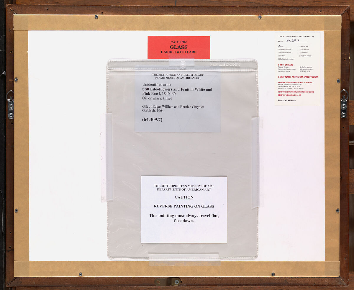 Still Life—Flowers and Fruit in White and Pink Bowl, Oil on glass, tinsel, American