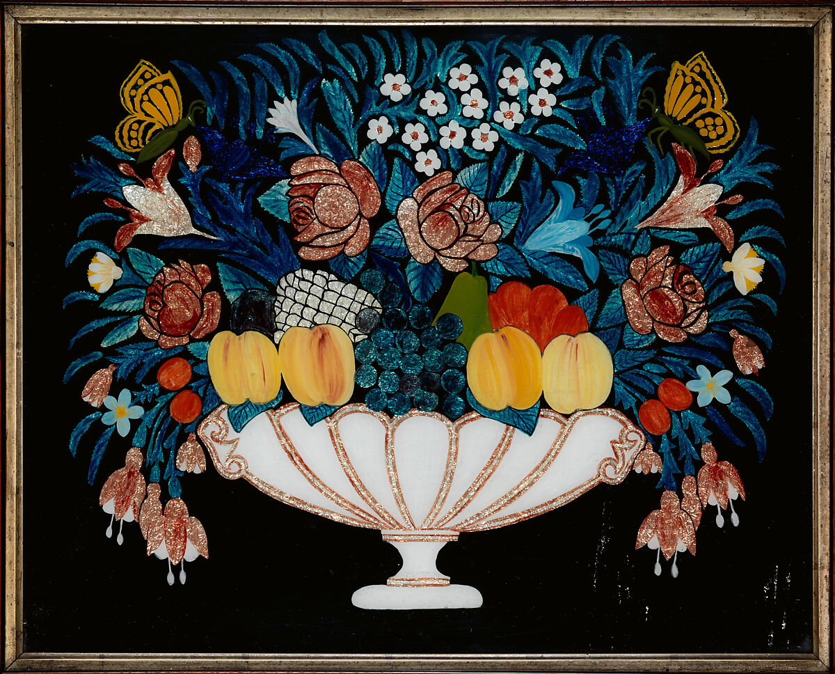 Still Life—Flowers and Fruit in White and Pink Bowl, Oil on glass, tinsel, American 