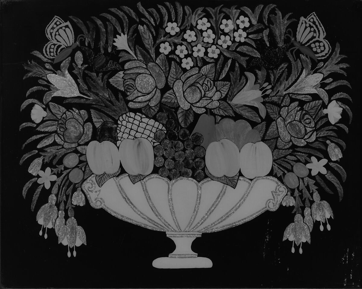 Still Life—Flowers and Fruit in White and Pink Bowl, Oil on glass, tinsel, American