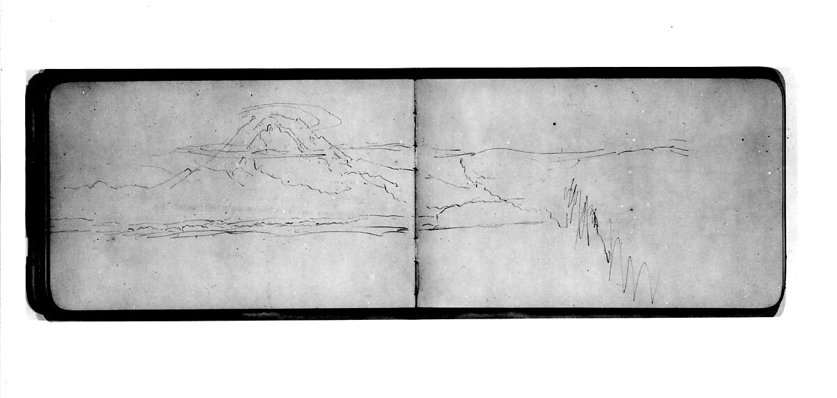 Sketchbook of Northwest American and Canadian Scenery, Albert Bierstadt (American, Solingen 1830–1902 New York), Drawings in graphite on off-white wove paper, bound in a leather cover, American