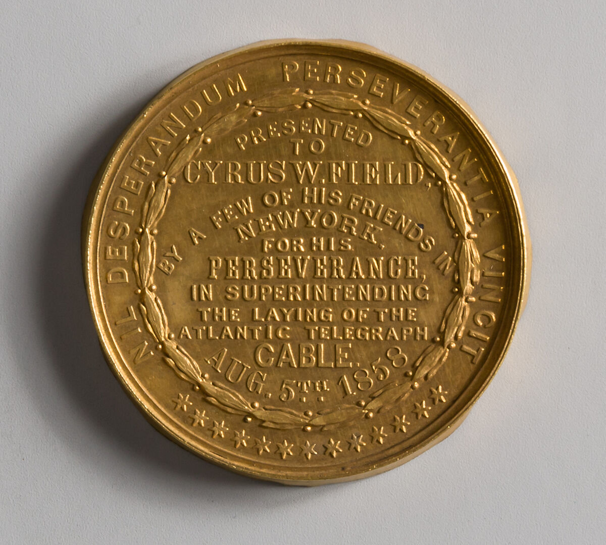 To Cyrus W. Field from New York Friends, for Laying the First Atlantic Cable, George Hampden Lovett (1824–1894), Copper and gold leaf, American 