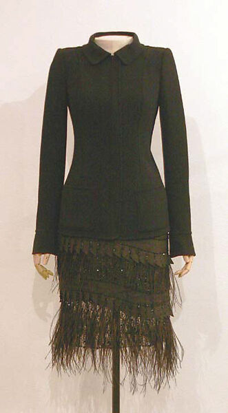 Ensemble, Oscar de la Renta, LLC. (American, founded 1965), a) wool; b) silk, ostrich, jet, synthetic, American 