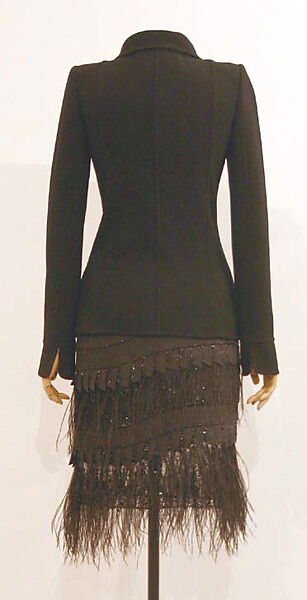 Ensemble, Oscar de la Renta, LLC. (American, founded 1965), a) wool; b) silk, ostrich, jet, synthetic, American