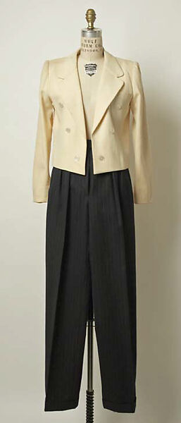 Ensemble, Yves Saint Laurent (French, founded 1961), a) wool, plastic, silk; b,d) silk; c) wool, French
