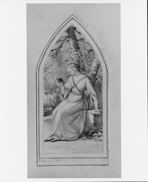 Woman Reading in a Bower (from Cropsey Album), Watercolor (or ink washes), graphite, and shell (liquid) gold on off-white Bristol board, American