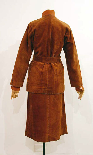Ensemble, Yves Saint Laurent (French, founded 1961), a) leather, wood, silk; b) leather; c) leather, silk; d) silk, plastic; e) wool, fur, French