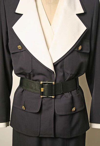 Suit, Yves Saint Laurent (French, founded 1961), a) wool, silk, metal, leather; b) leather, metal; c-h) cotton; i) wool, silk; j) cotton, silk, metal, French