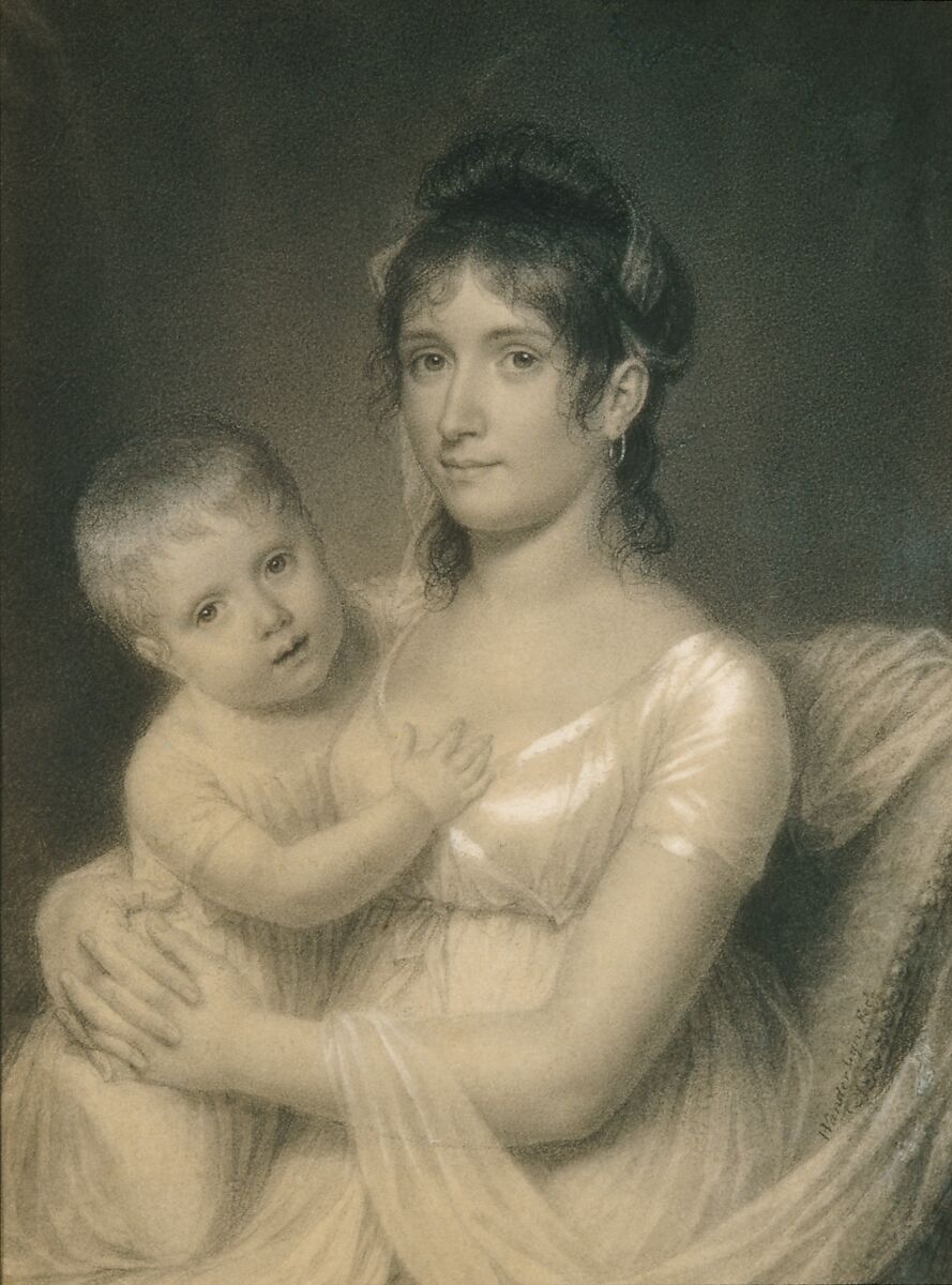 Mrs. Daniel Strobel, Jr. (Anna Church Strobel) and Her Son, George, John Vanderlyn (American, Kingston, New York 1775–1852 Kingston, New York), Probably Conté crayon on off-white wove paper, American 