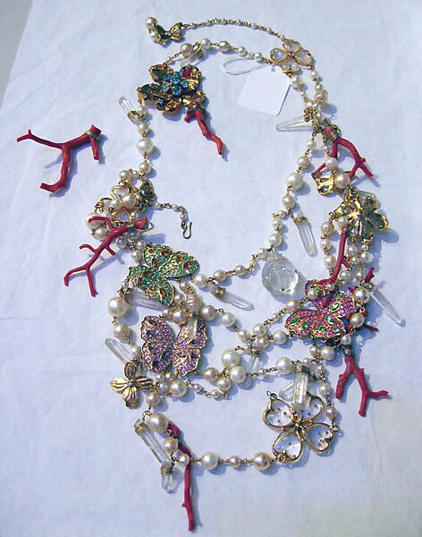 Ensemble, Yves Saint Laurent (French, founded 1961), a) silk, pearl; b) silk, leather, metal, crystal; c) cotton, coral, crystal, metal, leather; d) silk; e) metal, pearl, crystal, glass, coral, rhinestones, French