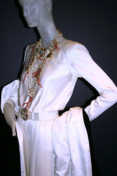 Ensemble, Yves Saint Laurent (French, founded 1961), a) silk, pearl; b) silk, leather, metal, crystal; c) cotton, coral, crystal, metal, leather; d) silk; e) metal, pearl, crystal, glass, coral, rhinestones, French