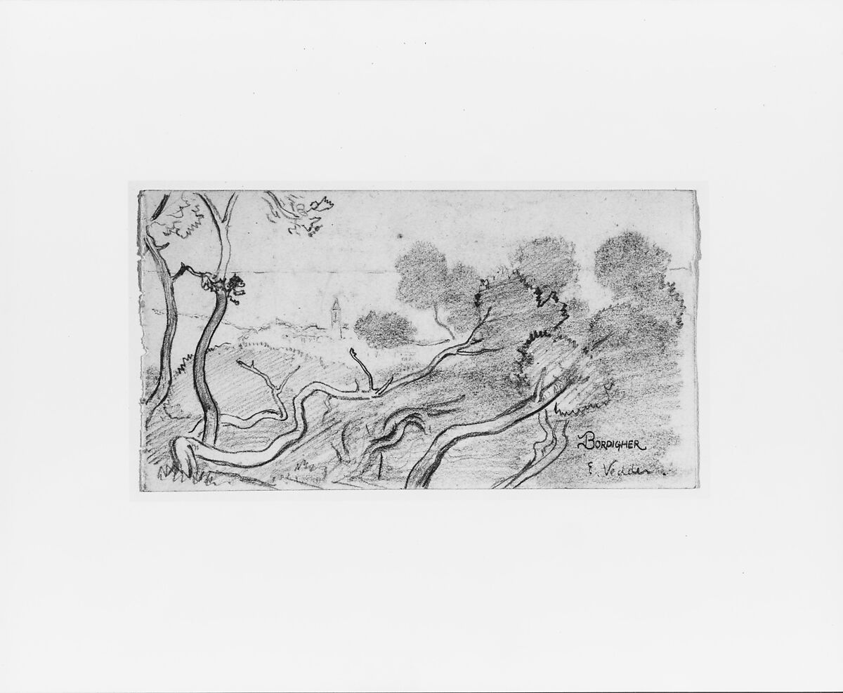 Bordighera (Landscape with Distant Church), Elihu Vedder (American, New York 1836–1923 Rome), Graphite on white wove paper, American
