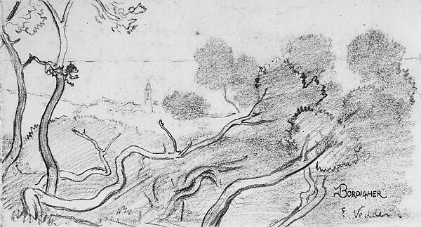 Bordighera (Landscape with Distant Church), Elihu Vedder (American, New York 1836–1923 Rome), Graphite on white wove paper, American 