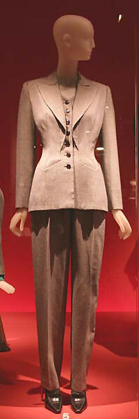 Suit, House of Balmain (French, founded 1945), a) wool, silk, plastic; b,c) wool, silk, French 