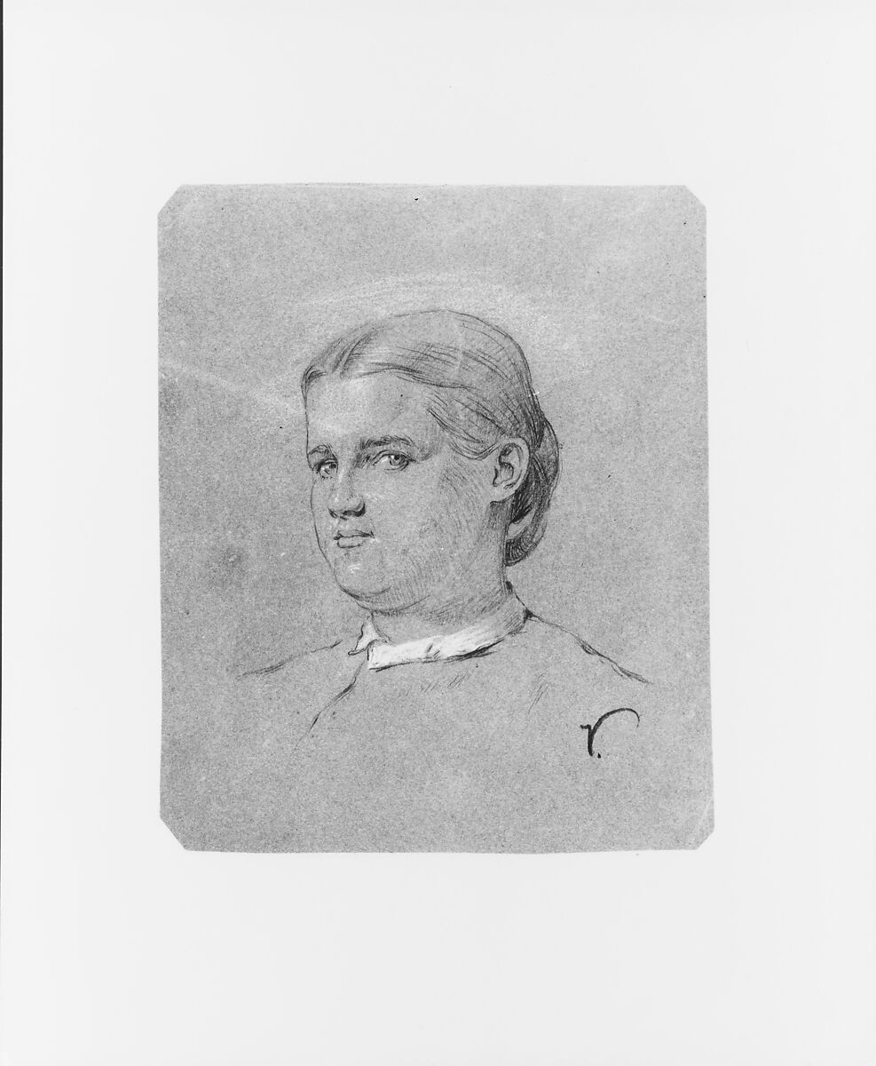 Head of a Woman, Elihu Vedder (American, New York 1836–1923 Rome), Graphite and red, white, and blue chalk on dark brown paper, American