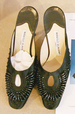 "Torna", Manolo Blahnik (British, born Spain, 1942), silk, jet, leather, British
