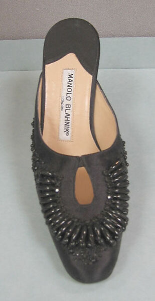 "Torna", Manolo Blahnik (British, born Spain, 1942), silk, jet, leather, British