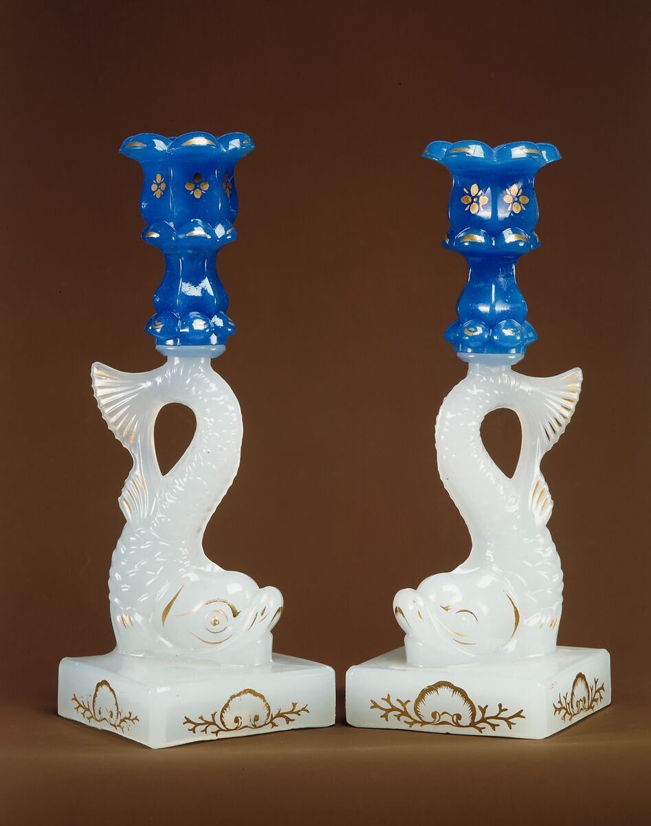 Candlestick, Probably Boston &amp; Sandwich Glass Company (American, 1825–1888, Sandwich, Massachusetts), Pressed opaque blue and white glass, American 