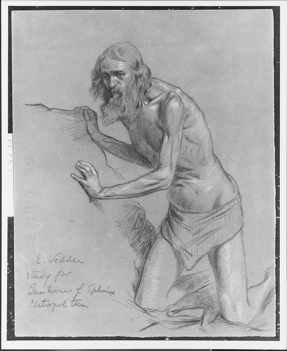 Study for the Question of the Sphinx, Elihu Vedder (American, New York 1836–1923 Rome), Chalk on dark brown wove paper, American