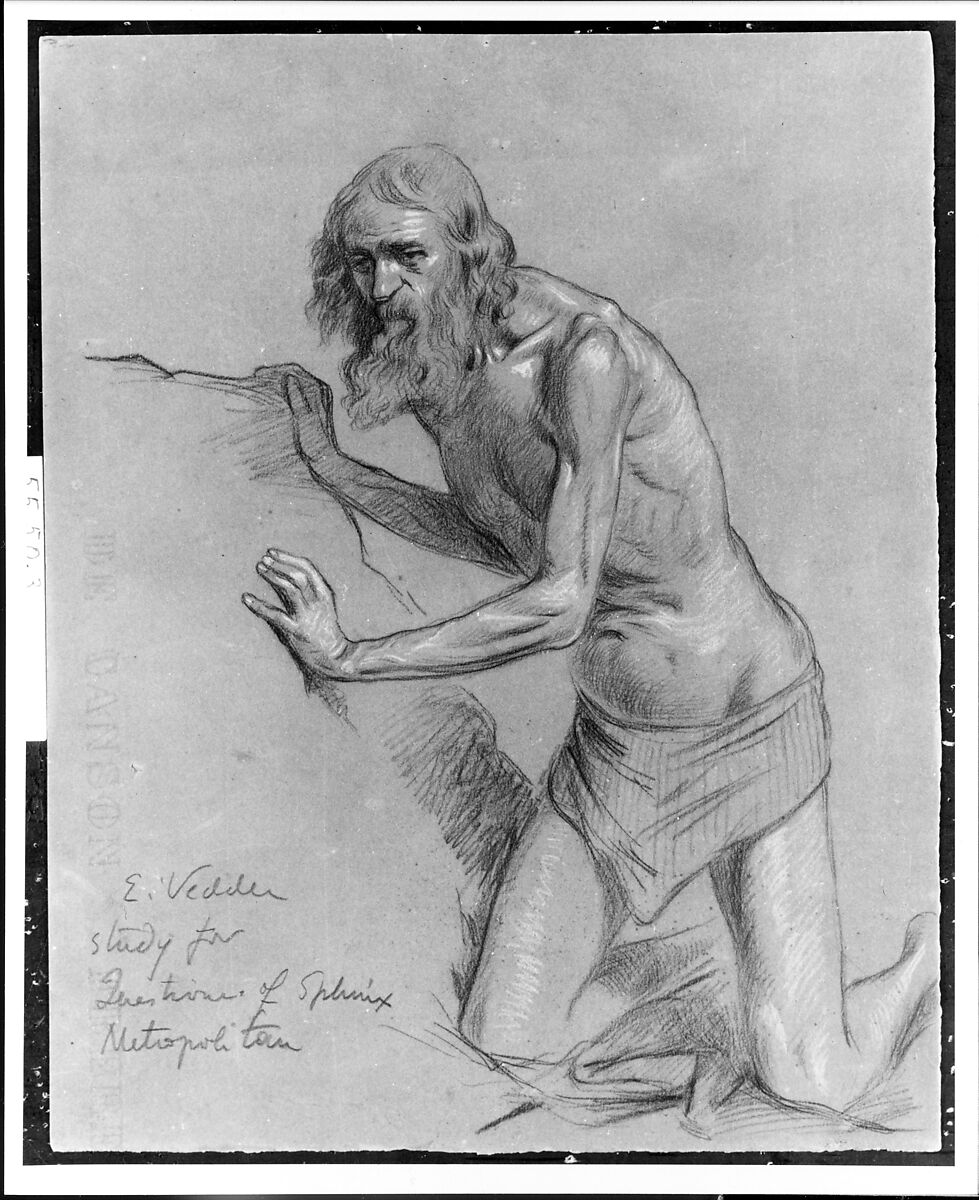 Study for the Question of the Sphinx, Elihu Vedder (American, New York 1836–1923 Rome), Chalk on dark brown wove paper, American