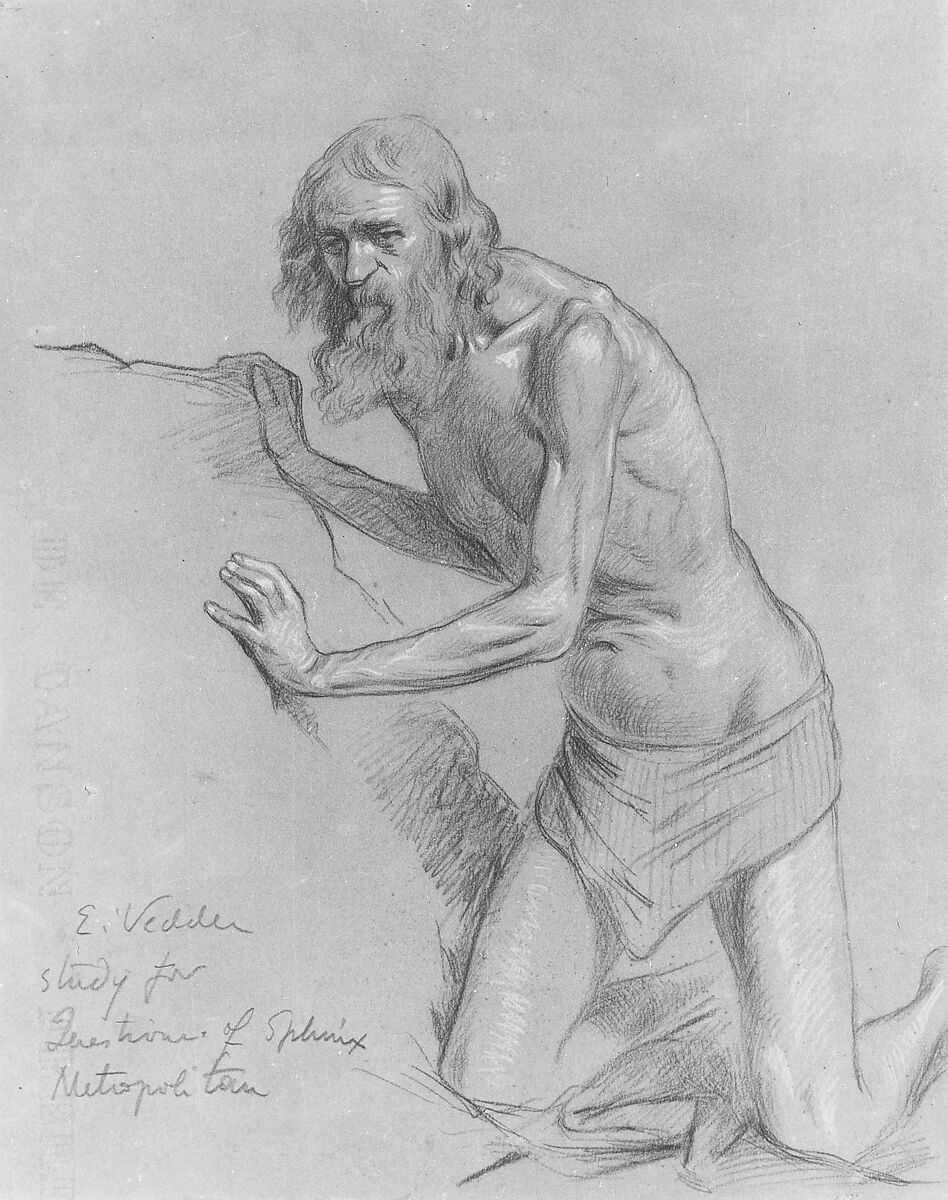 Study for the Question of the Sphinx, Elihu Vedder (American, New York 1836–1923 Rome), Chalk on dark brown wove paper, American 