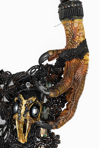 "Memento Mori", Simon Costin (British, born 1963), a) wood, metal, bone, claw, synthetic, jet, crystal, bone, hematite; b) paper, cotton, silk; c) paper, British