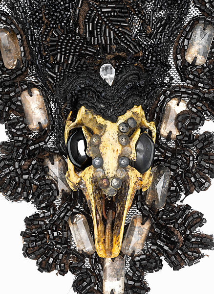"Memento Mori", Simon Costin (British, born 1963), a) wood, metal, bone, claw, synthetic, jet, crystal, bone, hematite; b) paper, cotton, silk; c) paper, British