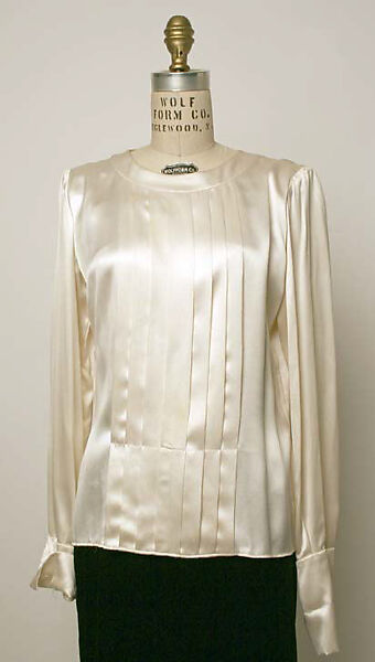 Evening ensemble, Yves Saint Laurent (French, founded 1961), a) silk, fur; b, c) silk, faux abalone; d,e) metal, rhinestones; f) silk, metal, pearl, glass, French