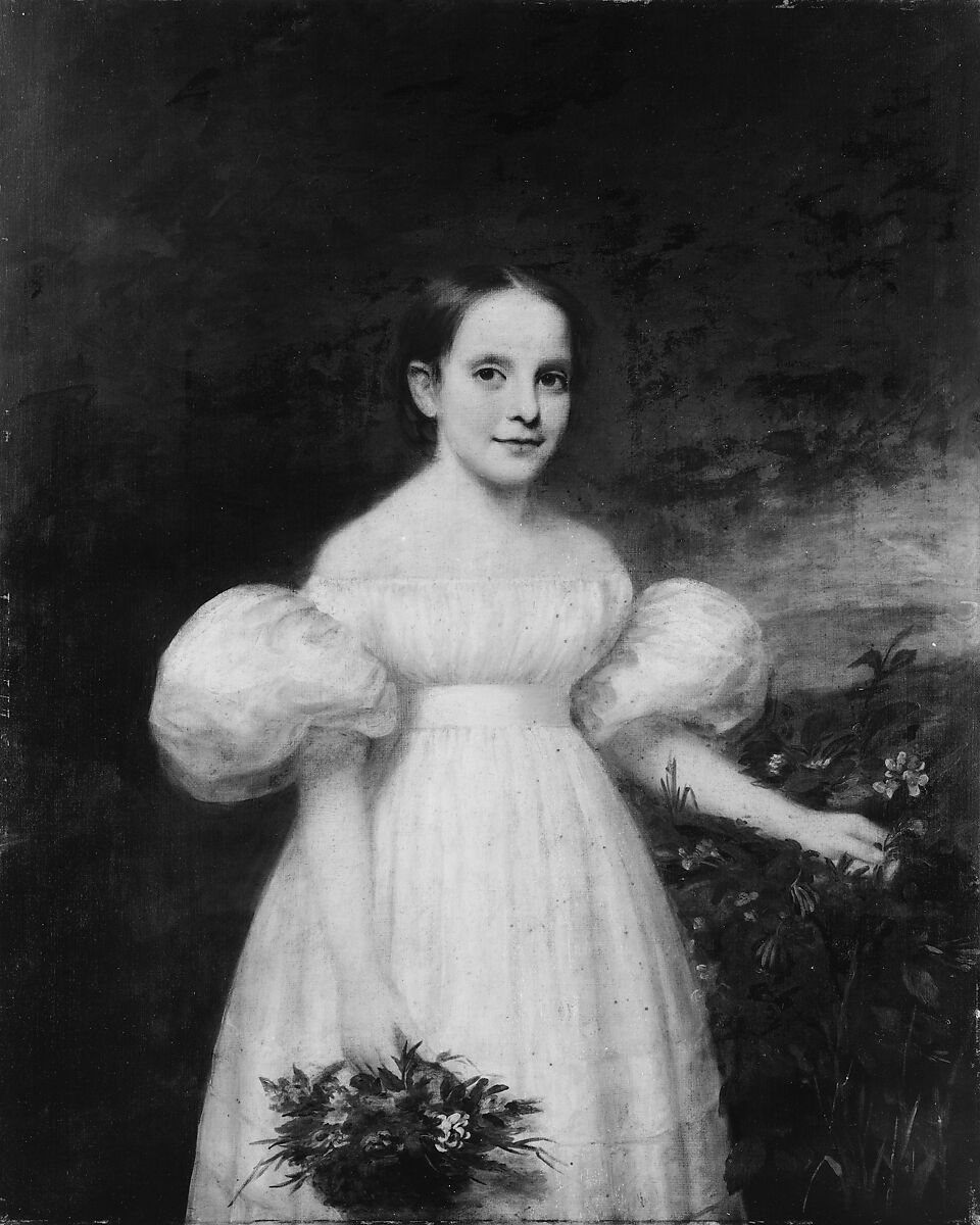 Portrait of a Girl with Flowers, Samuel Lovett Waldo (1783–1861), Oil on wood, American 