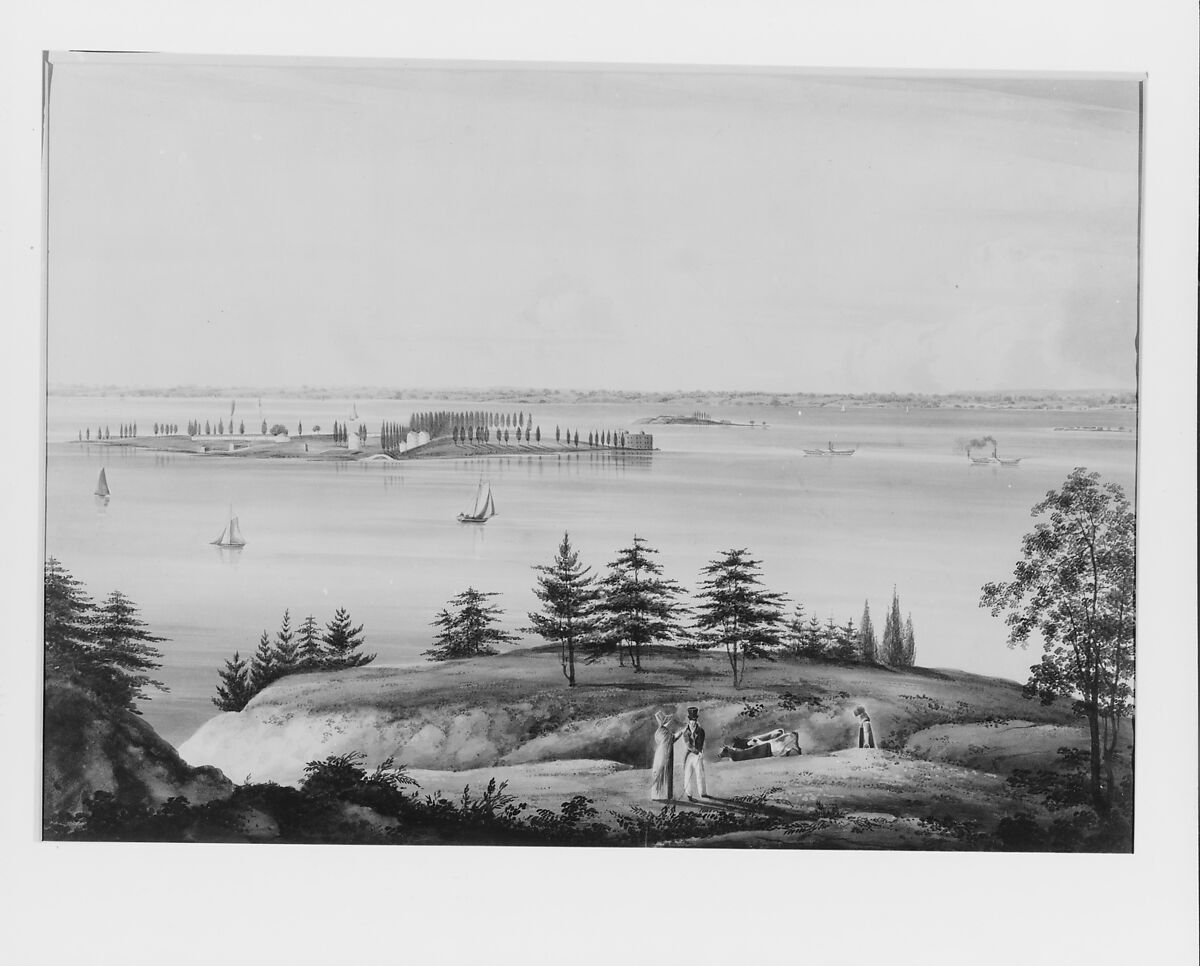 The Bay of New York and Governors Island Taken from Brooklyn Heights, William Guy Wall (Irish, Dublin 1792–after 1864 Ireland (active America)), Watercolor and graphite on off-white wove paper, American