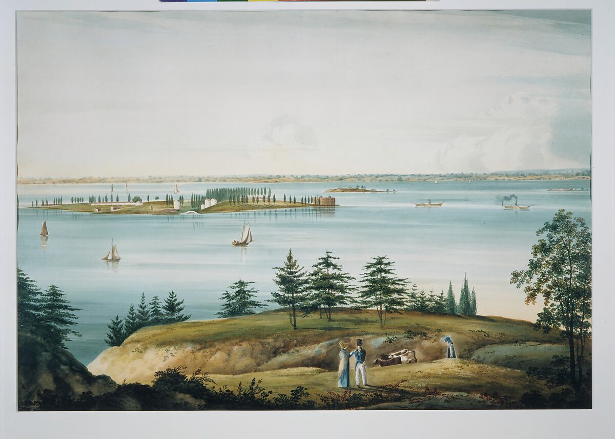 The Bay of New York and Governors Island Taken from Brooklyn Heights, William Guy Wall (Irish, Dublin 1792–after 1864 Ireland (active America)), Watercolor and graphite on off-white wove paper, American