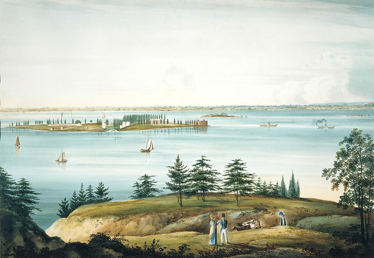 The Bay of New York and Governors Island Taken from Brooklyn Heights, William Guy Wall (Irish, Dublin 1792–after 1864 Ireland (active America)), Watercolor and graphite on off-white wove paper, American 