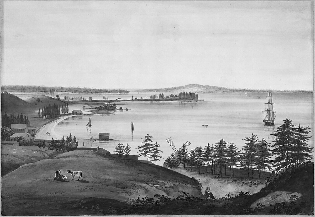 The Bay of New York Looking to the Narrows and Staten Island, Taken from Brooklyn Heights, William Guy Wall (Irish, Dublin 1792–after 1864 Ireland (active America)), Watercolor and gum arabic on white wove paper, American