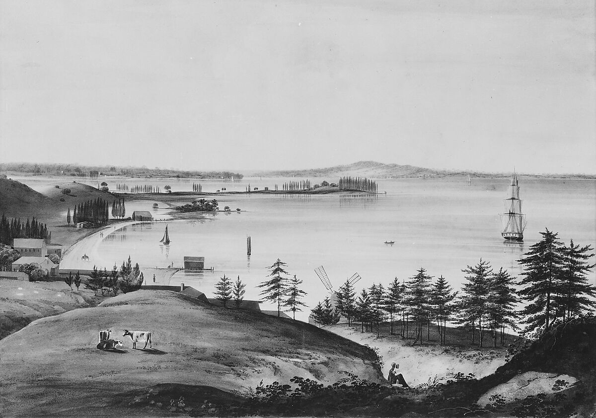 The Bay of New York Looking to the Narrows and Staten Island, Taken from Brooklyn Heights, William Guy Wall (Irish, Dublin 1792–after 1864 Ireland (active America)), Watercolor and gum arabic on white wove paper, American 