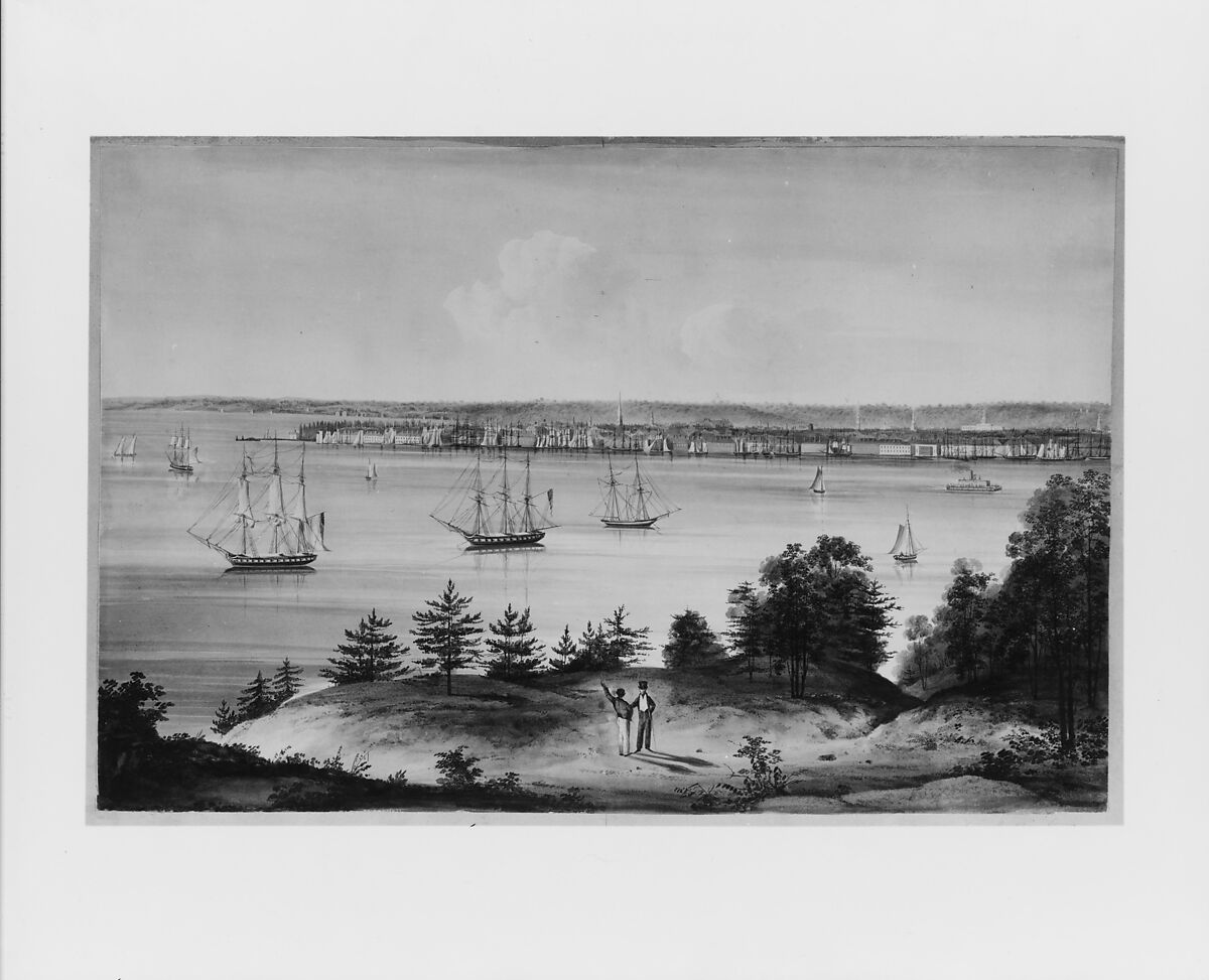The Bay of New York Taken from Brooklyn Heights, William Guy Wall (Irish, Dublin 1792–after 1864 Ireland (active America)), Watercolor on off-white wove paper, American