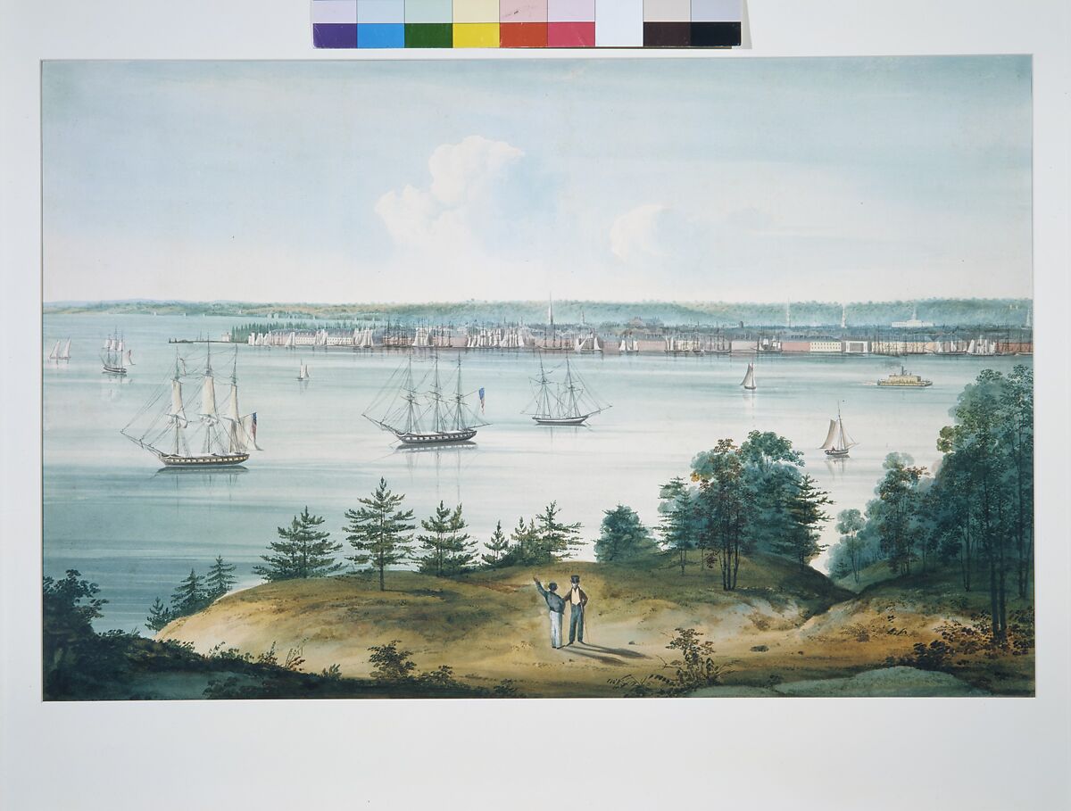 The Bay of New York Taken from Brooklyn Heights, William Guy Wall (Irish, Dublin 1792–after 1864 Ireland (active America)), Watercolor on off-white wove paper, American