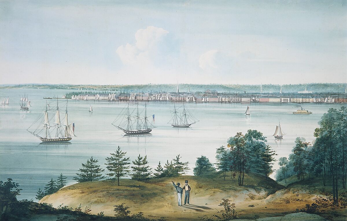 The Bay of New York Taken from Brooklyn Heights, William Guy Wall (Irish, Dublin 1792–after 1864 Ireland (active America)), Watercolor on off-white wove paper, American 