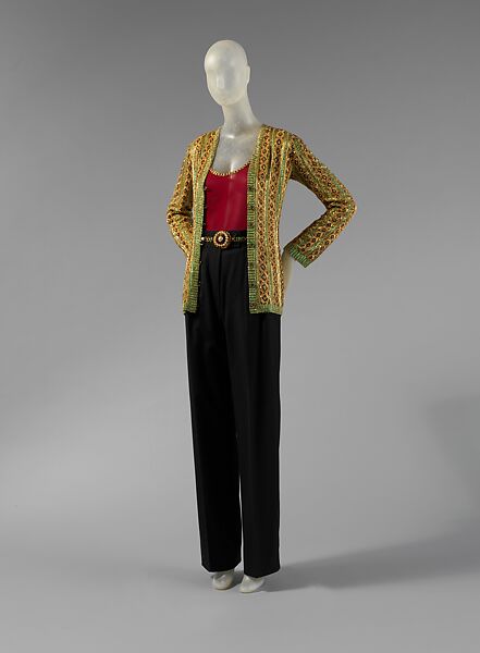 Evening ensemble, Yves Saint Laurent (French, founded 1961), a,c) silk, plastic, metal, rhinestones; b) wool, silk; d) metal, rhinestones, faux pearl, French 