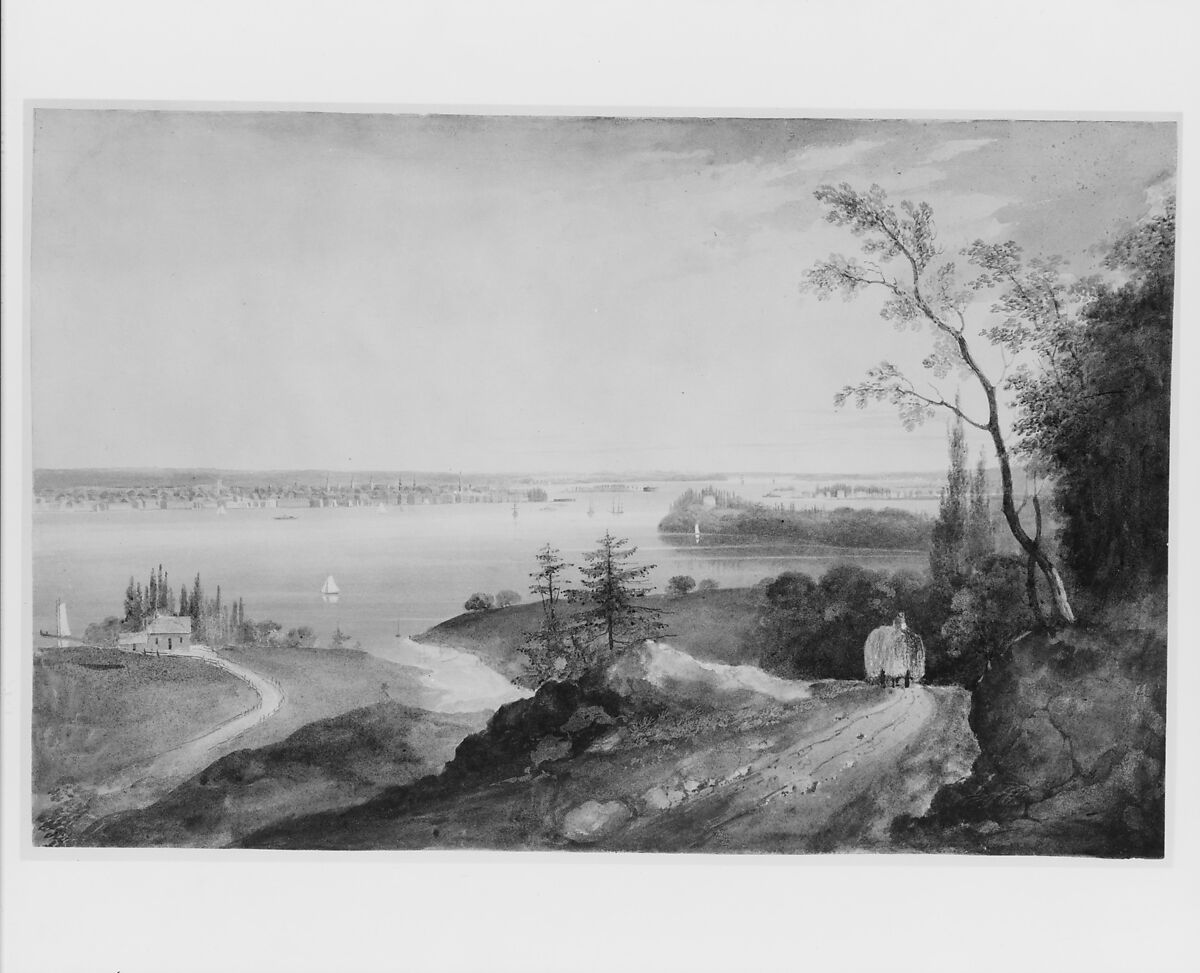 New York from Weehawk, William Guy Wall (Irish, Dublin 1792–after 1864 Ireland (active America)), Watercolor and graphite on off-white wove paper, American