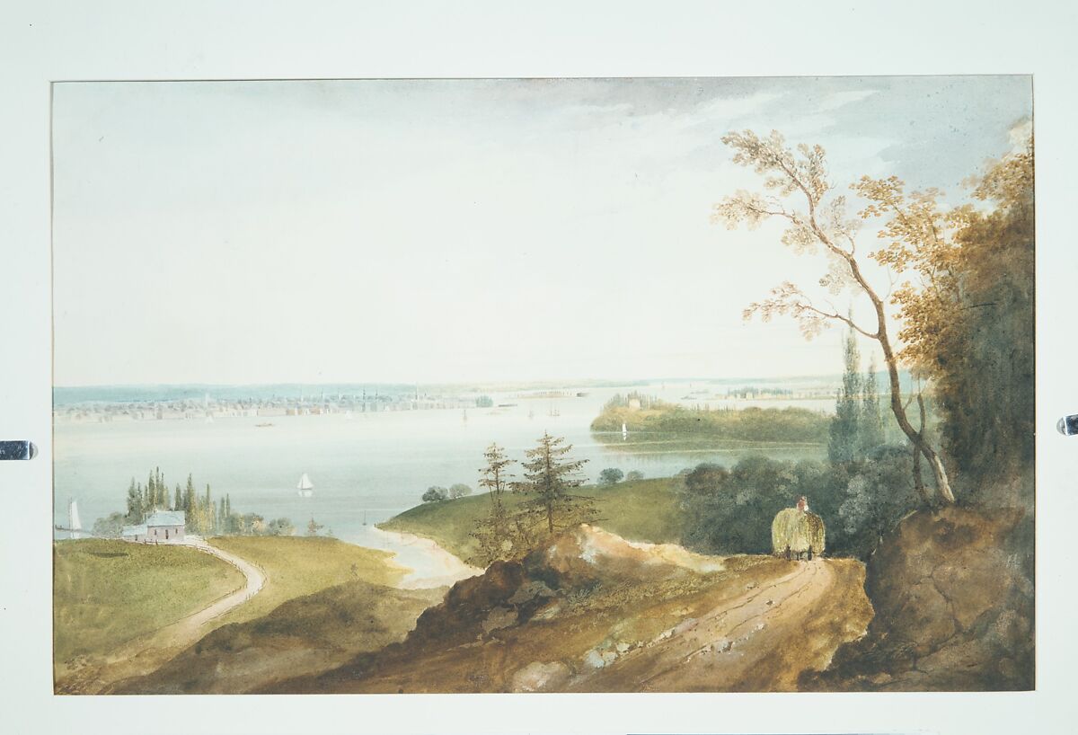 New York from Weehawk, William Guy Wall (Irish, Dublin 1792–after 1864 Ireland (active America)), Watercolor and graphite on off-white wove paper, American