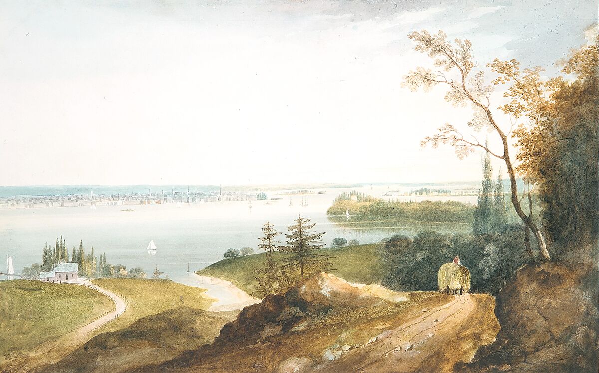 New York from Weehawk, William Guy Wall (Irish, Dublin 1792–after 1864 Ireland (active America)), Watercolor and graphite on off-white wove paper, American 