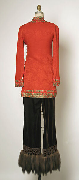 Evening ensemble, House of Balmain (French, founded 1945), a) silk, metal, plastic; b) silk, synthetic, fur, French