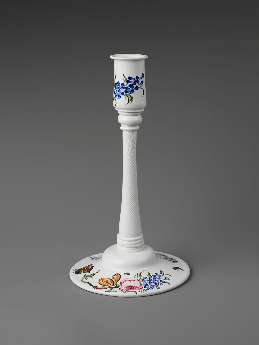Candlestick, Possibly Michael Edkins, Opaque glass with enamel decoration, British 