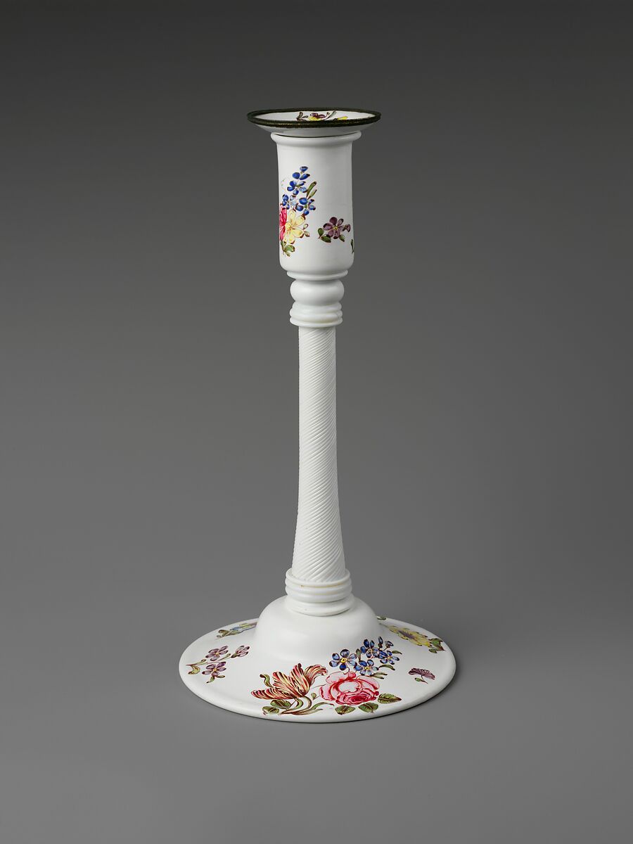 Candlestick, Possibly Michael Edkins, Opaque glass with enamel decoration, British 