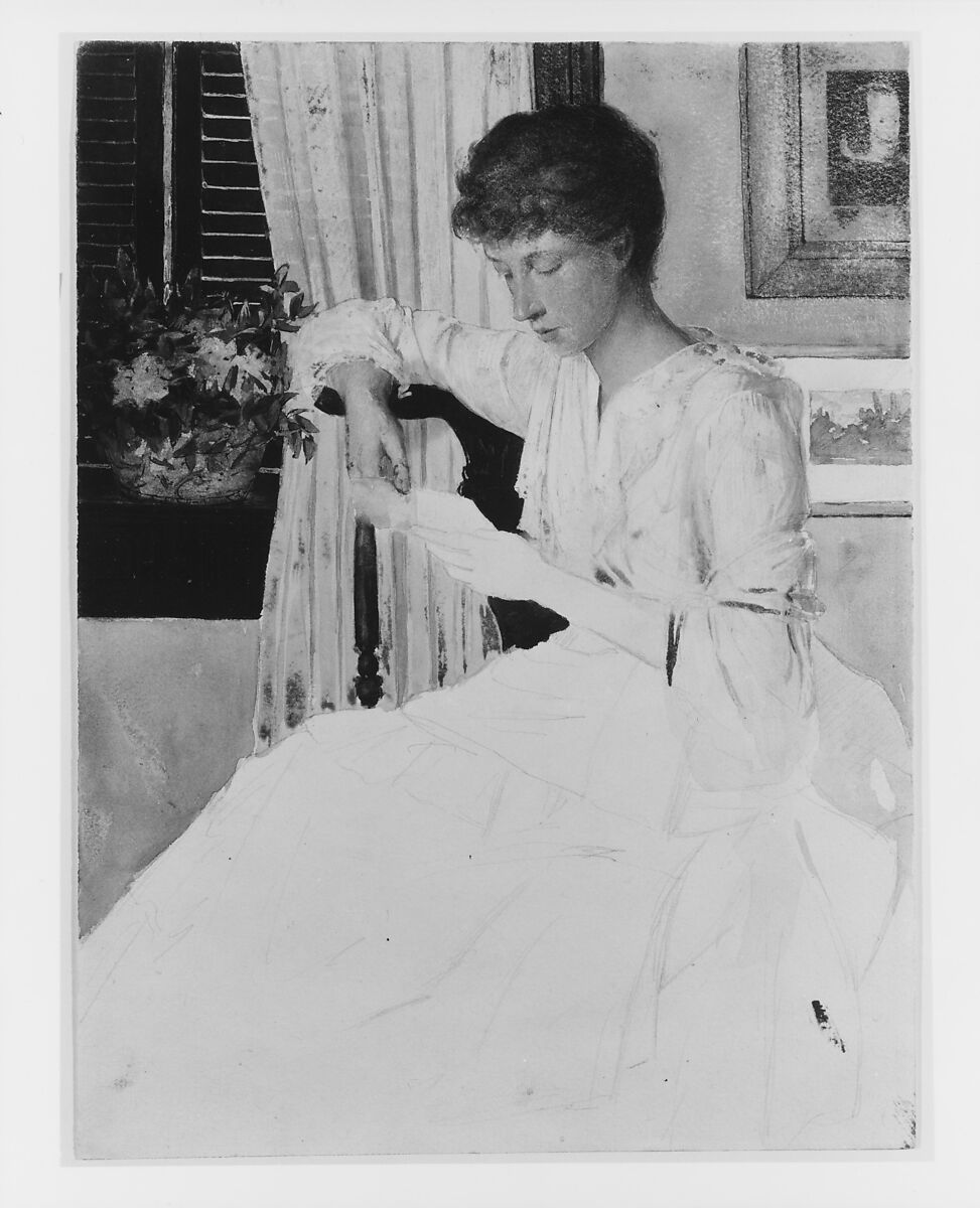 Anna Dwight Weir Reading a Letter, Julian Alden Weir (American, West Point, New York 1852–1919 New York), Watercolor, gouache, black ink, and graphite on white wove paper, American