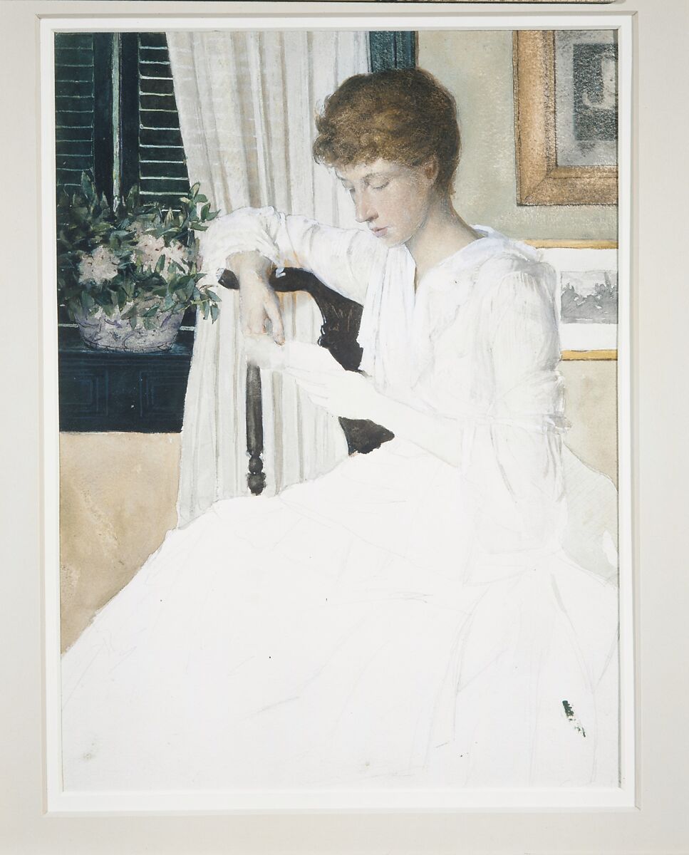 Anna Dwight Weir Reading a Letter, Julian Alden Weir (American, West Point, New York 1852–1919 New York), Watercolor, gouache, black ink, and graphite on white wove paper, American