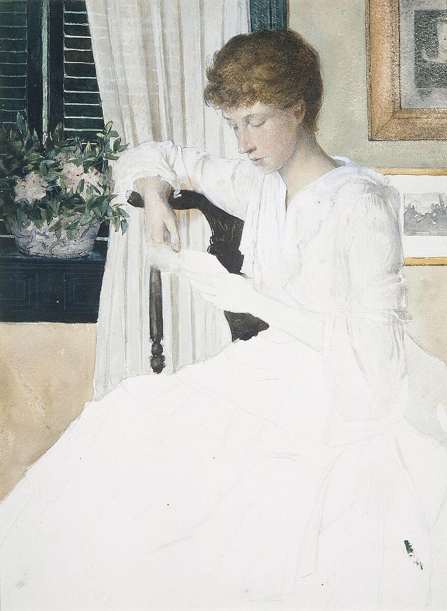 Anna Dwight Weir Reading a Letter, Julian Alden Weir (American, West Point, New York 1852–1919 New York), Watercolor, gouache, black ink, and graphite on white wove paper, American 