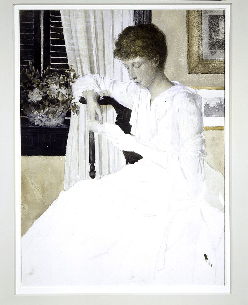 Anna Dwight Weir Reading a Letter, Julian Alden Weir (American, West Point, New York 1852–1919 New York), Watercolor, gouache, black ink, and graphite on white wove paper, American